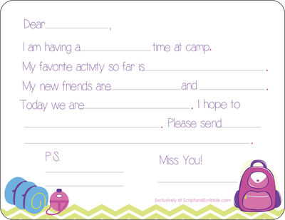 Camp Supplies Girl Camp Fill-in Card